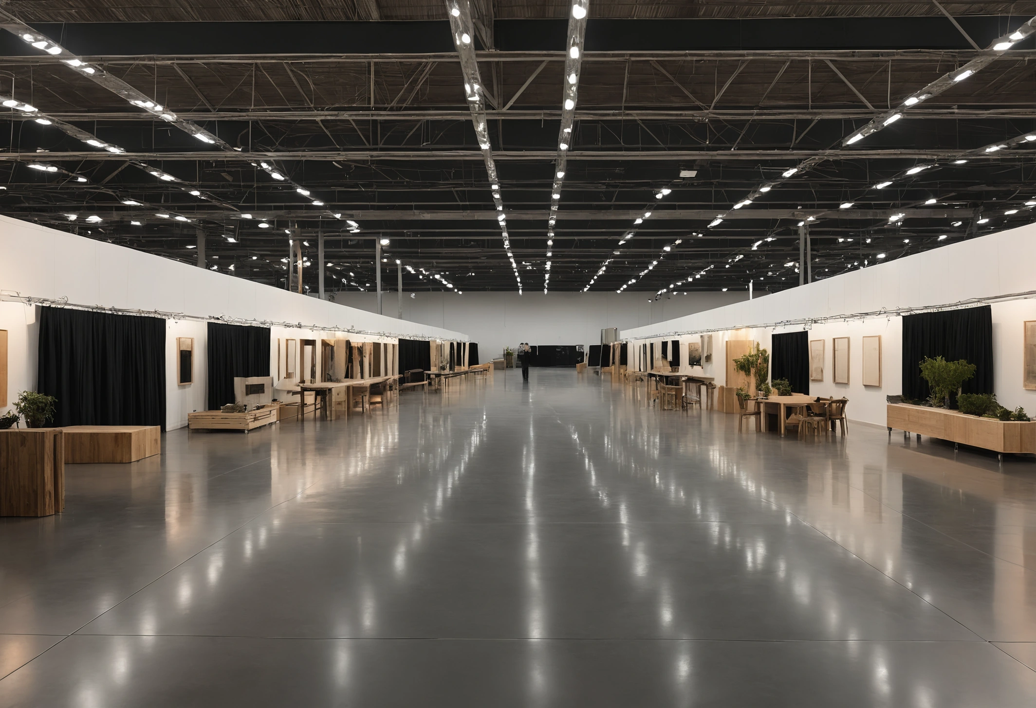 Wide aisle inside a large furniture trade fair hall lined with brand stands and display lighting