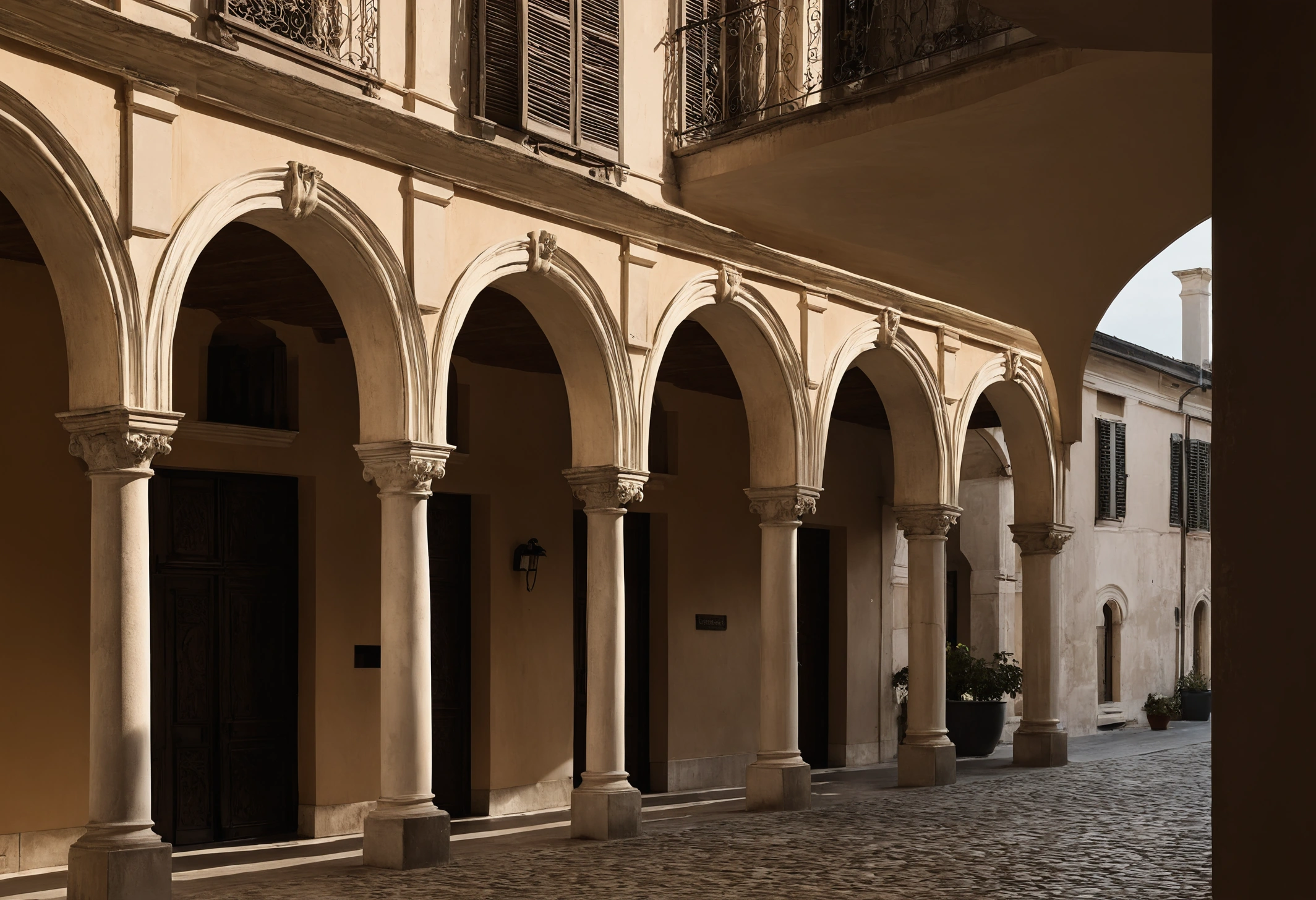 Milan street during design week with an installation in a courtyard and visitors passing between venues