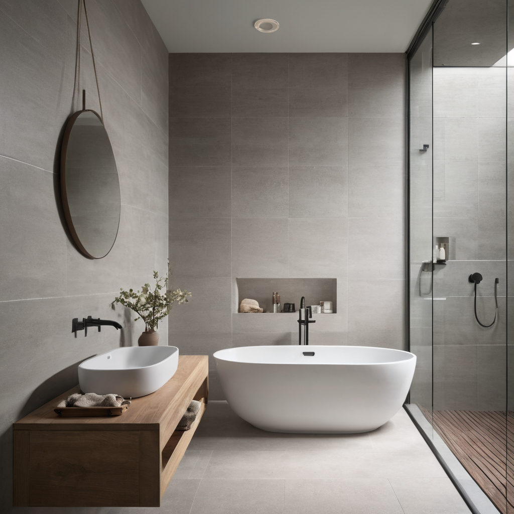 How do porcelain, ceramic, stone, terrazzo, and resilient bathroom floors compare shown in a luxury residential interior