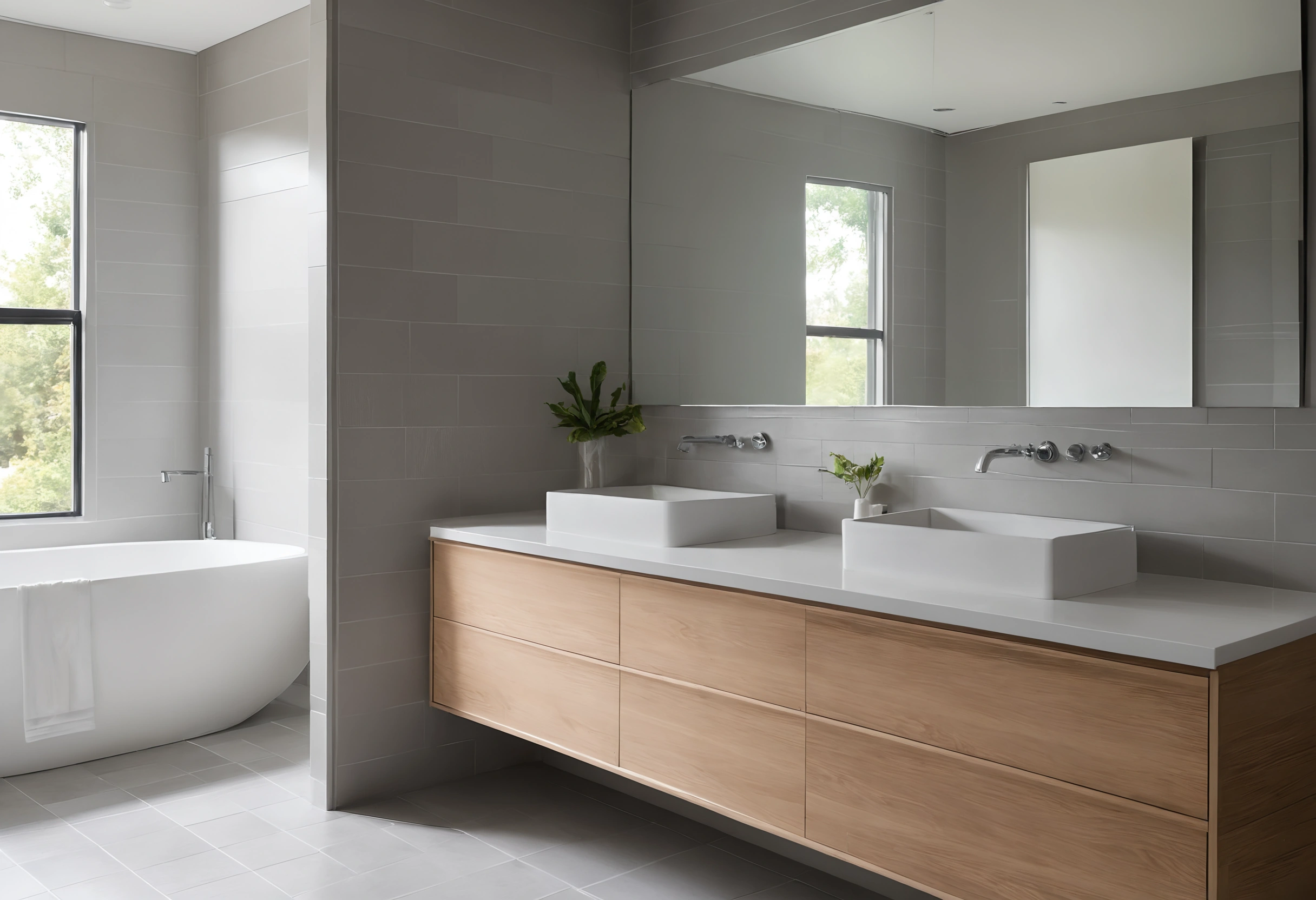 Remodeled bathroom with a wall-hung oak vanity, two vessel basins, a freestanding tub and a window onto trees