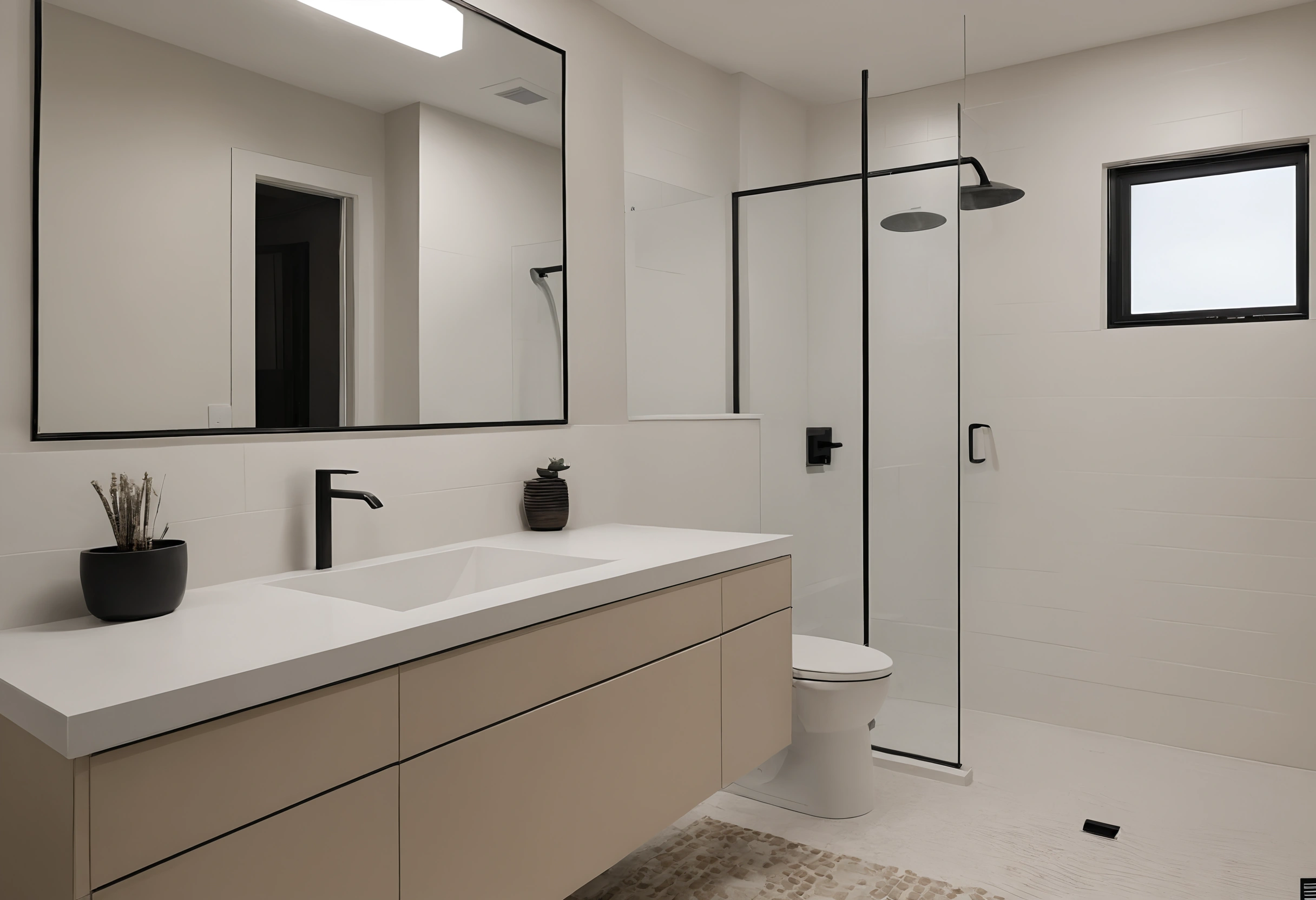 Remodeled bathroom with a beige wall-hung vanity, black fixtures, a glass shower screen and a small high window